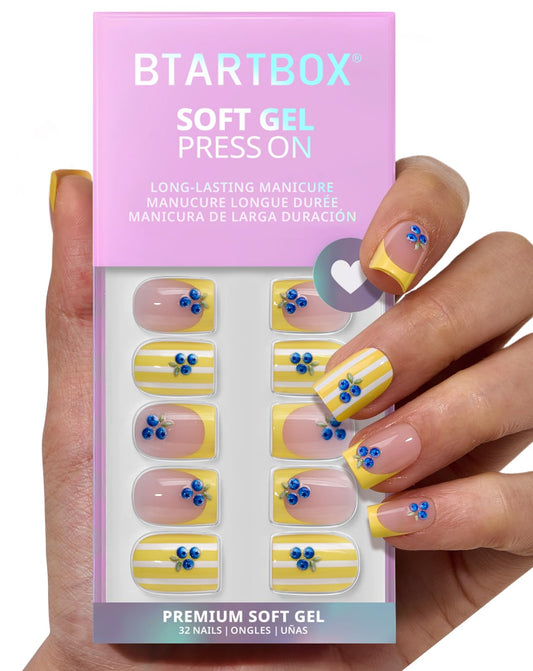 BTArtbox French Tip Press On Nails - Blueberry Rain, Easy-to-Apply Yellow Short Square Press On Nails with Glue and Adhesive Tabs in 16 Sizes - 32 Nails All-in-One Kit