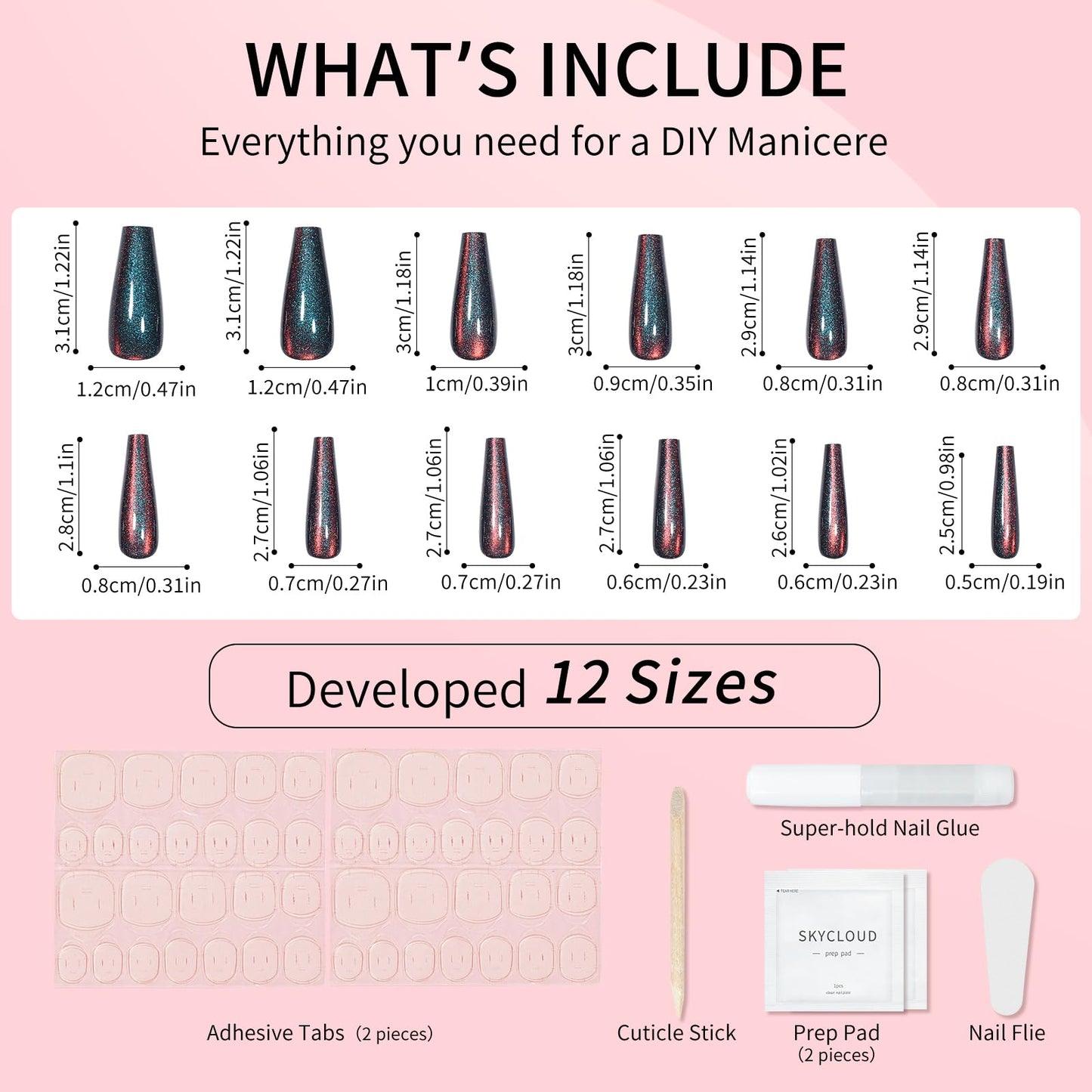 Navy Blue Cat Eyes Press On Nails,12 Sizes - 24 Pcs Soft Gel Blue Long Coffin Fake Nails Kit with Nail Glue, Natural Reusable Stick On False Nails for Women and Girls SK1039
