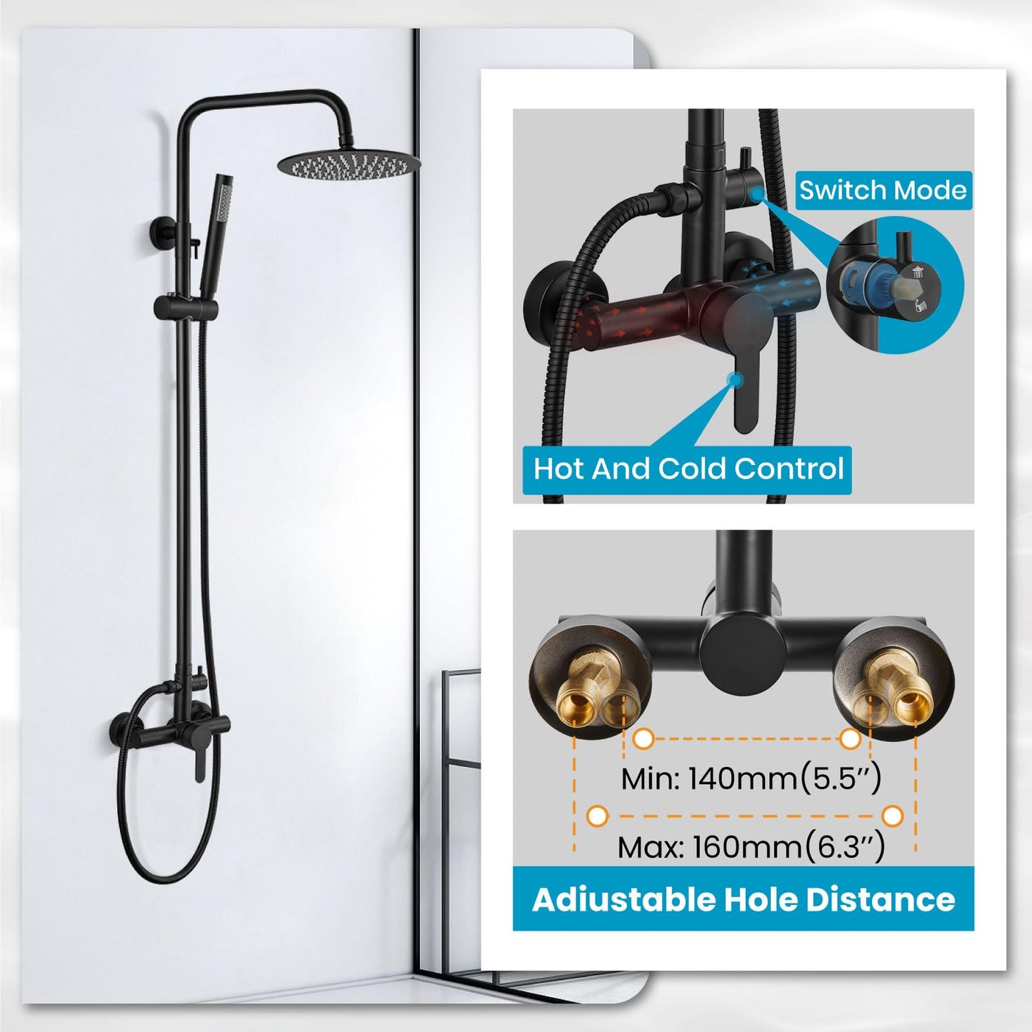 gotonovo Outdoor Shower Fixtures SUS304 Stainless Steel Rain Shower Kit Faucet High Pressure Wall Mount 2 Dual Function 8 Inch Showerhead and Handheld Spray Combo, Single Handle, Matte Black