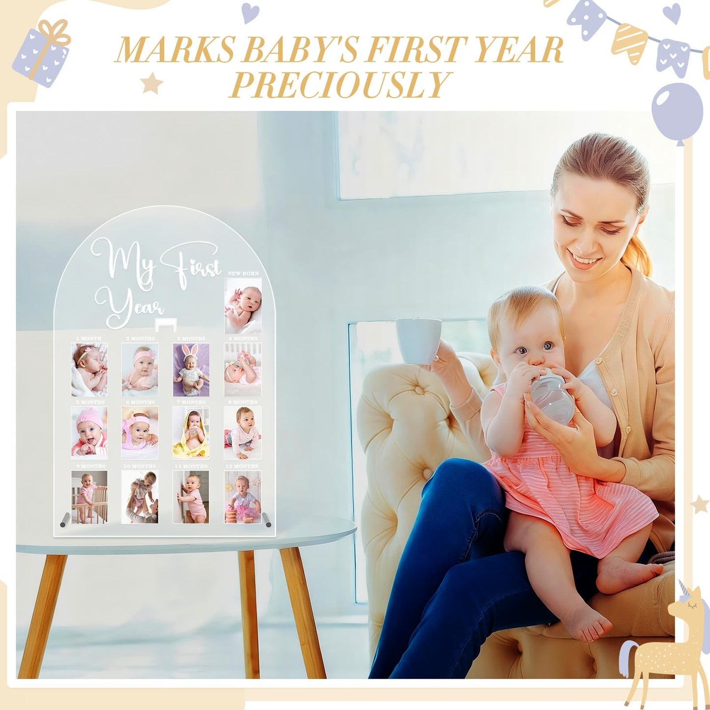 Lineshading My First Year Photo Frame Acrylic 18 x 12 Inch Large 12 Monthly Milestone Photo Board Picture Frame Display Hanging/Standing Baby Memories Collage Gift for 1st Birthday Newborn Keepsake