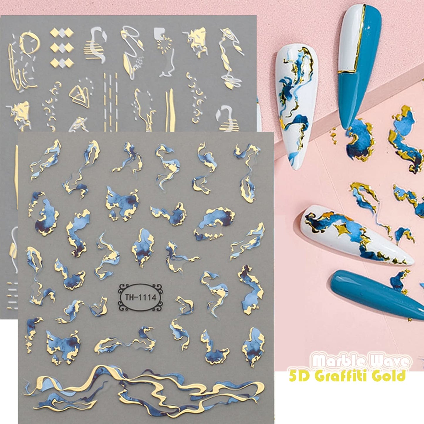 12 Sheets Graffiti Nail Art Stickers 3D White Black Gold Stripe Line Nail Decals Self-Adhesive Abstract Marble Wave Flower Leaf Stickers for Nail DIY Decoration Nail Accessories for Women French Nail