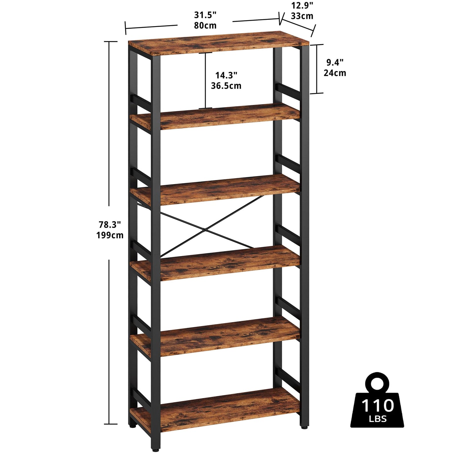 IRONCK Bookshelf, 31.5in Wide Shelf 6 Tier Bookcase, 110lbs/shelf Vintage Industrial Style Bookshelves for Bedroom, Living Room and Home Office, Vintage Brown