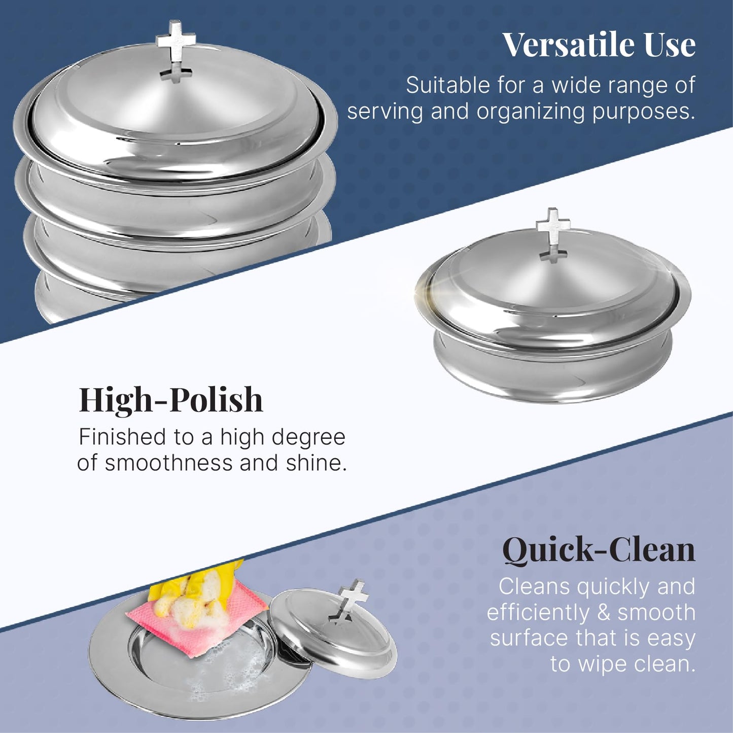 Communion Ware Church Set | Stackable 2 Communion Trays with Cover & 2 Bread Plates with Cover, 80 Cups Included | Ideal for Churches | Stainless Steel - Shiny (Silver) Finish