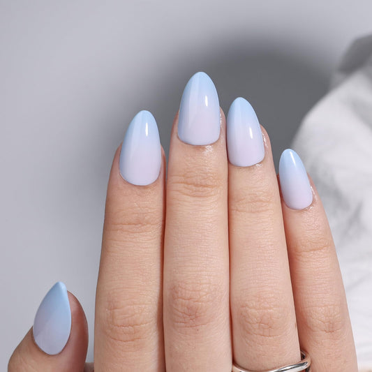 Ombre Press On Nails Short - Blue Almond Ombre French Tip Press On Nails, Reusable Fake Nails Kit with Glue, 32 Nails in 16 Sizes | Salon Quality