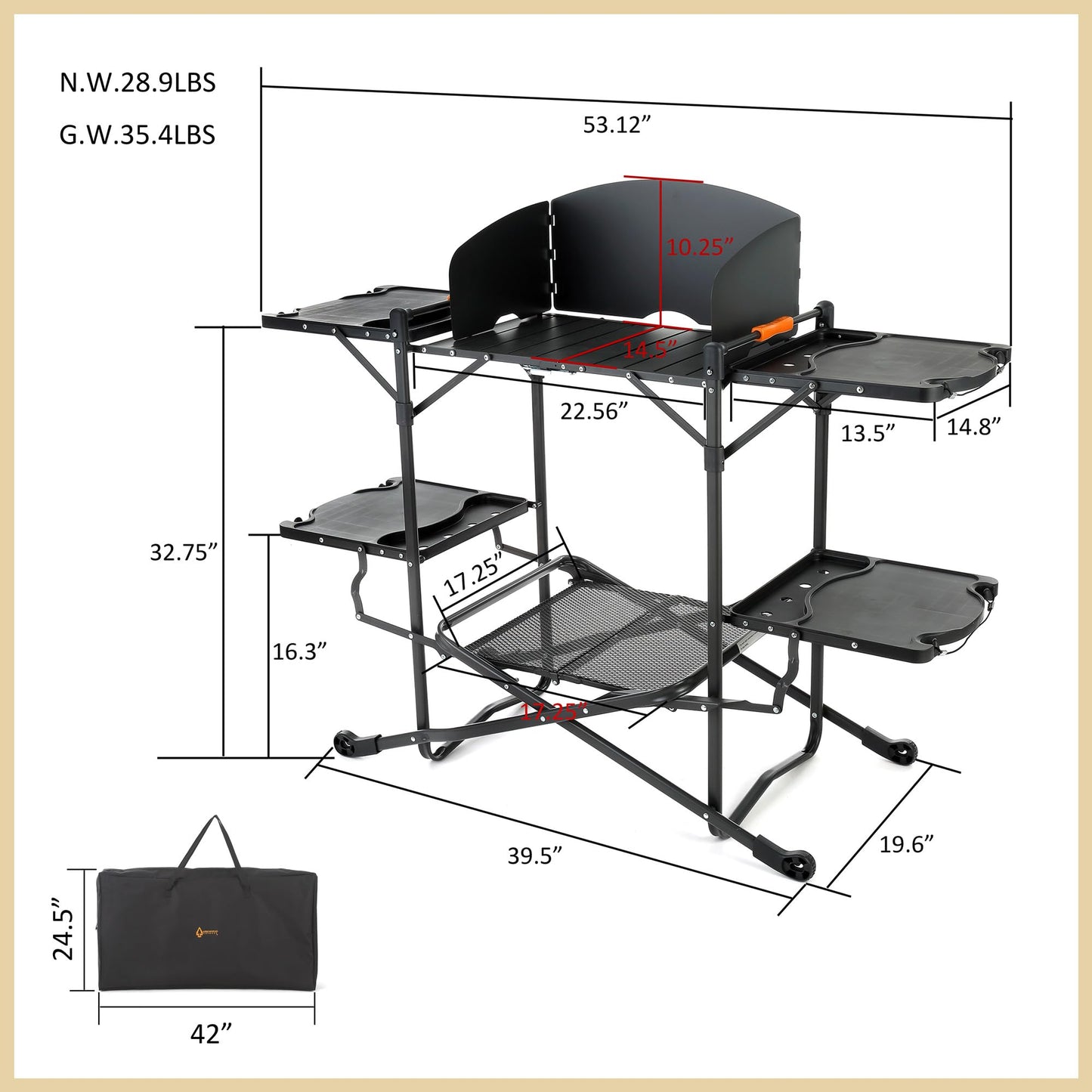 ARROWHEAD OUTDOOR 54" Wide Quick Folding Kitchen Station with Add-on Windscreen, 4 Side Tables, Aluminum Tabletop, Tool-Hanging Cord, 154 LBS Max Weight Load, for Patio BBQ and Camping