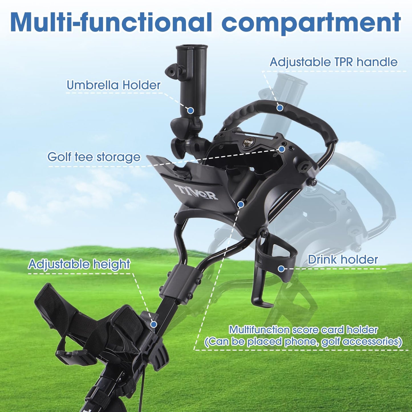 3 Wheel Golf Push Cart,Lightweight Golf Pull Cart with Quad-Fold Frame,and Cleaning Kit Golf,Cooler Bag,Cup/Phone/Umbrella Holder Compact Golf cart-blue