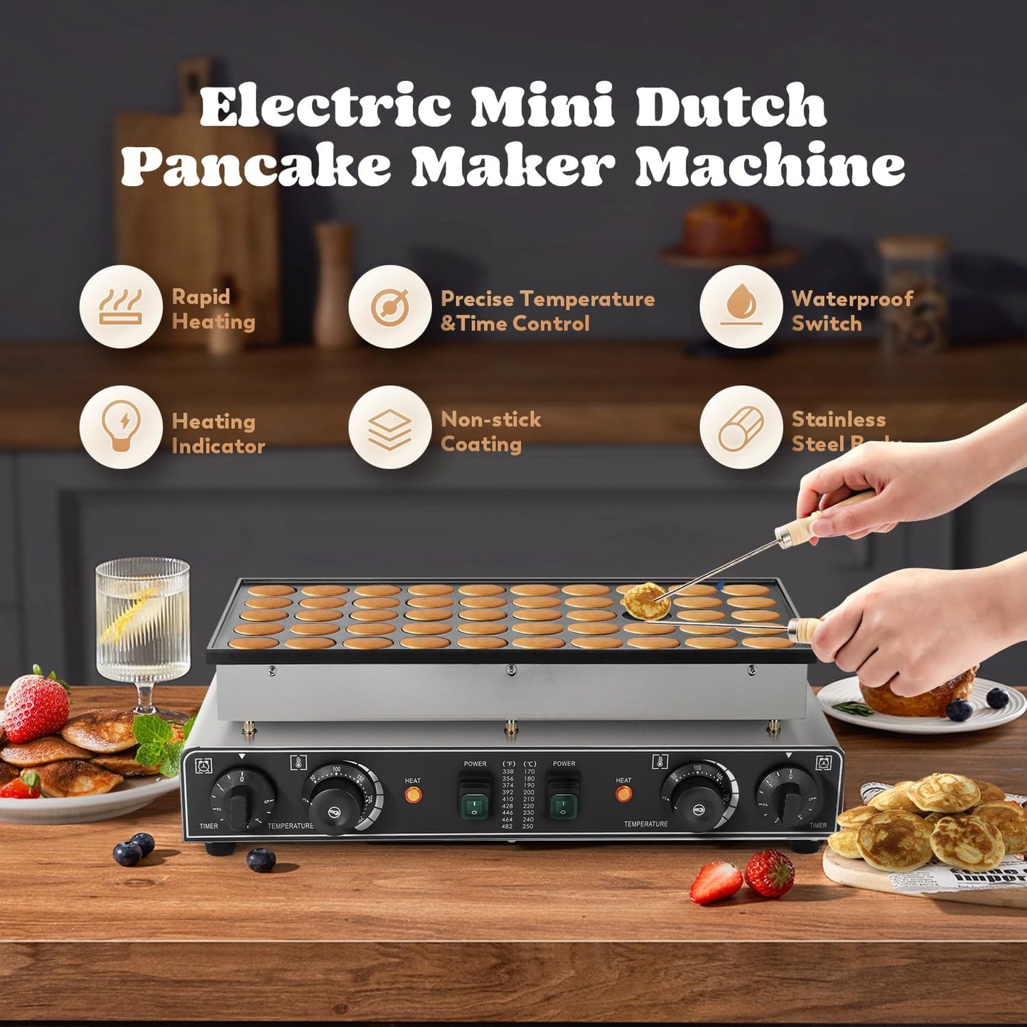Moongiantgo Mini Dutch Pancake Maker 50PCS, Commercial Non-stick Pancake Baker Machine 50-300℃ Temp and 0-5 Time Control Electric Muffin Maker Stainless Steel for Home and Restaurants, 110V