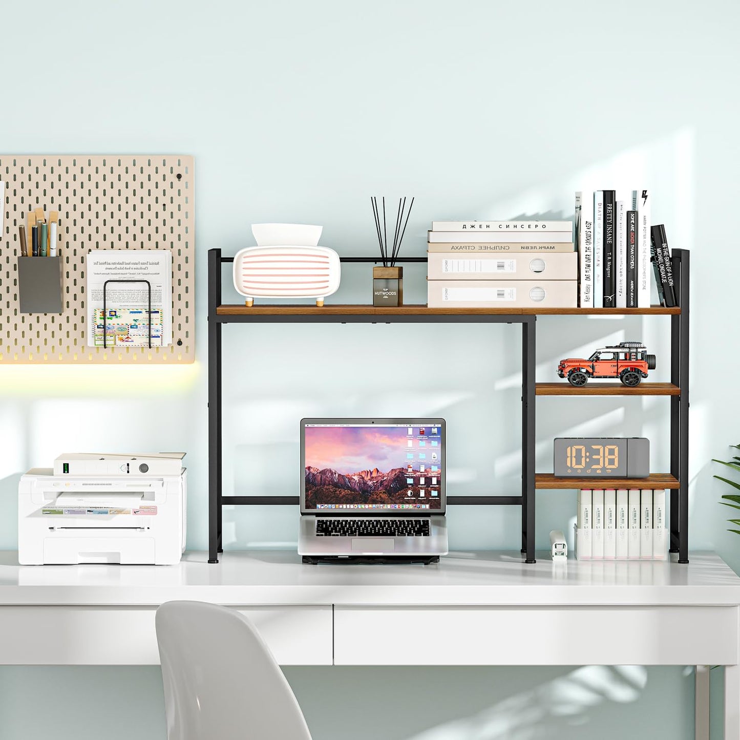 Snughome Desk Shelf, 44.9" Large Desktop Organizer Shelf, Desk Hutch for Computer Monitor, 4 Tier Desk Top Display Rack, Wood Desktop Bookshelf Storage Rack for Home Office Dorm