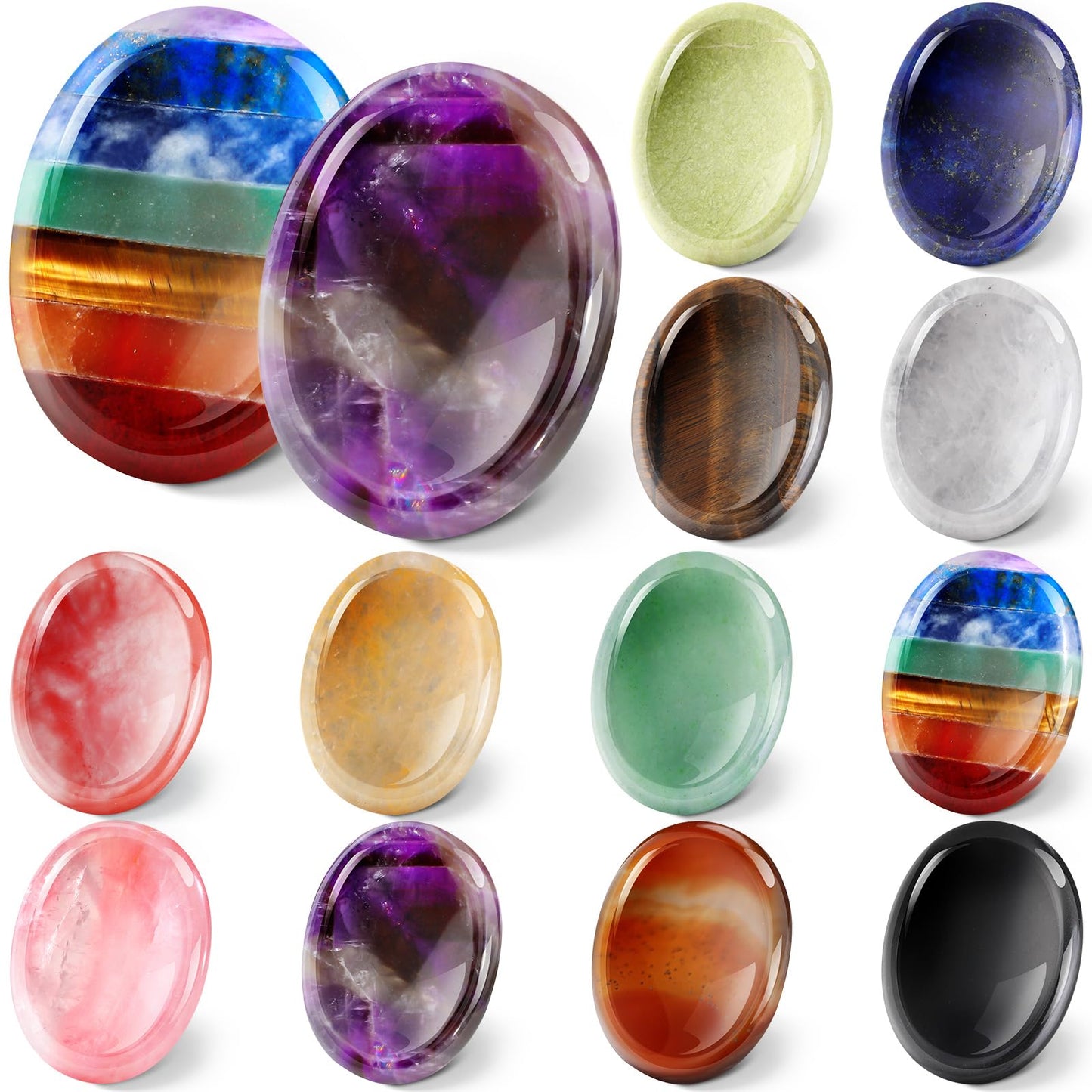 Fumete 12 Pcs Thumb Worry Stone for Anxiety Chakra Crystals Oval Chakra Stones Amethyst Tigers Eye Crystal for Anxiety Stress Relief Meditation Valentines Easter Gift Office Stress (Classic Set)