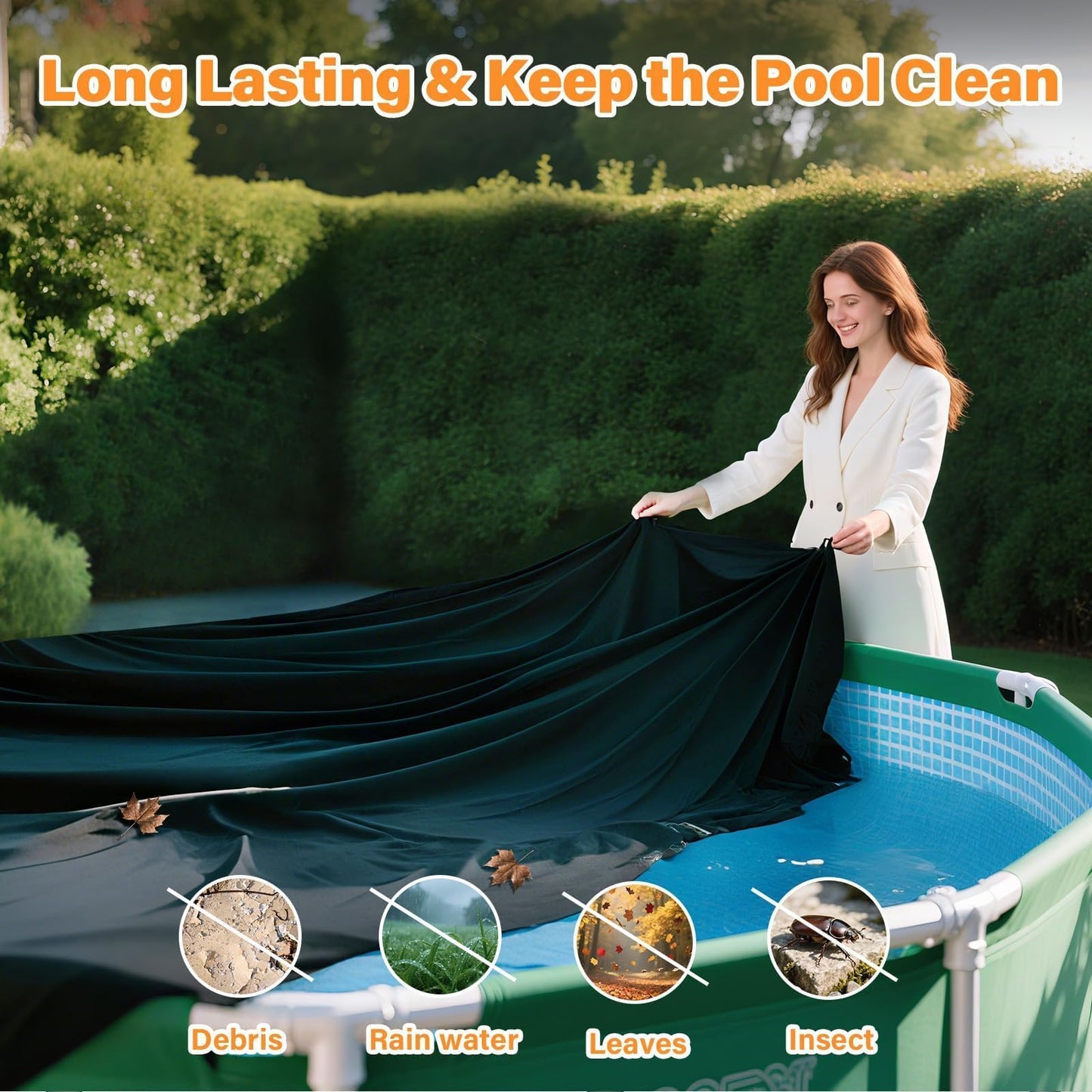 SAFANA 18FT Round Pool Covers for Above Ground Pools, Round Swimming Pool Cover [Upgrade 420D Thicker] Protective Leaf Cover, Elastic Band Auto Shrink & Seal, Tear Resistant, UV Protection, Black