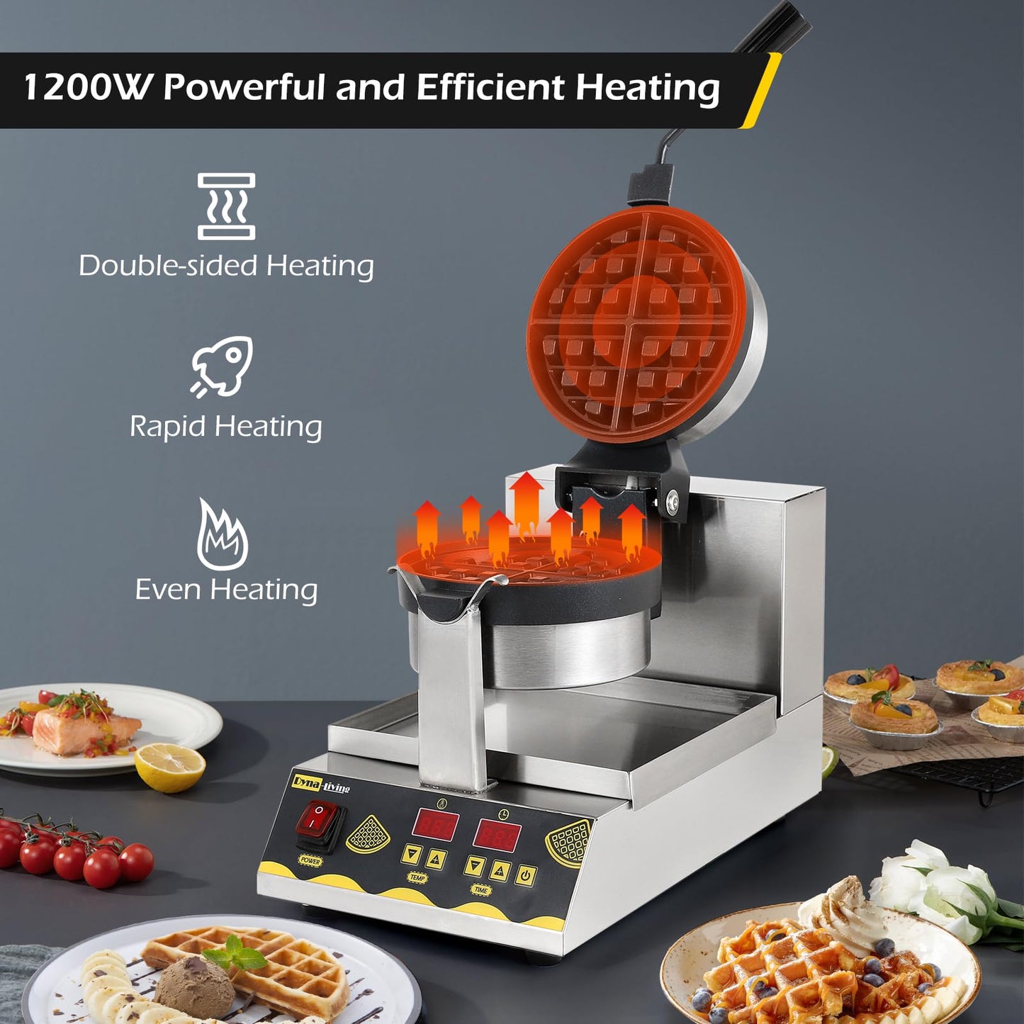 Dyna-Living Belgian Waffle Maker 180° Rotating Commercial Waffle Maker Intelligent Commercial Waffle Iron for Restaurant, 1200W Professional Waffles Machine for Home Use