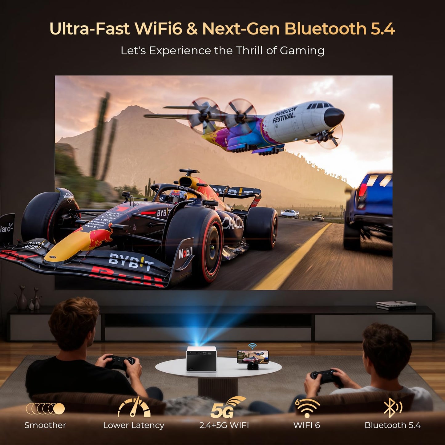 [850ANSI/Built in Apps] Portable Mini Projector with WiFi and Bluetooth, Kogata Outdoor Movie Proyector, Electric Focus/4P Keystone/HDR10, 1080P HD Projector for Bedroom Home Theater
