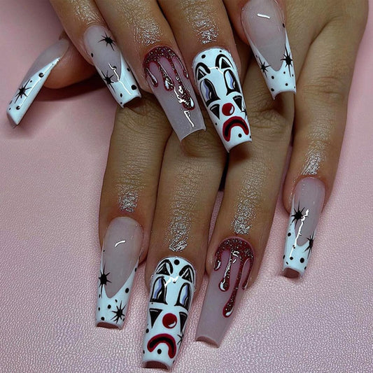 24 Pcs Halloween Press on Nails Long Coffin Fake Nails White French Tip False Nails with Designs Ghost Clown Glossy Glue on Nail Full Cover Acrylic Stick on Nail for Women Girls Manicure
