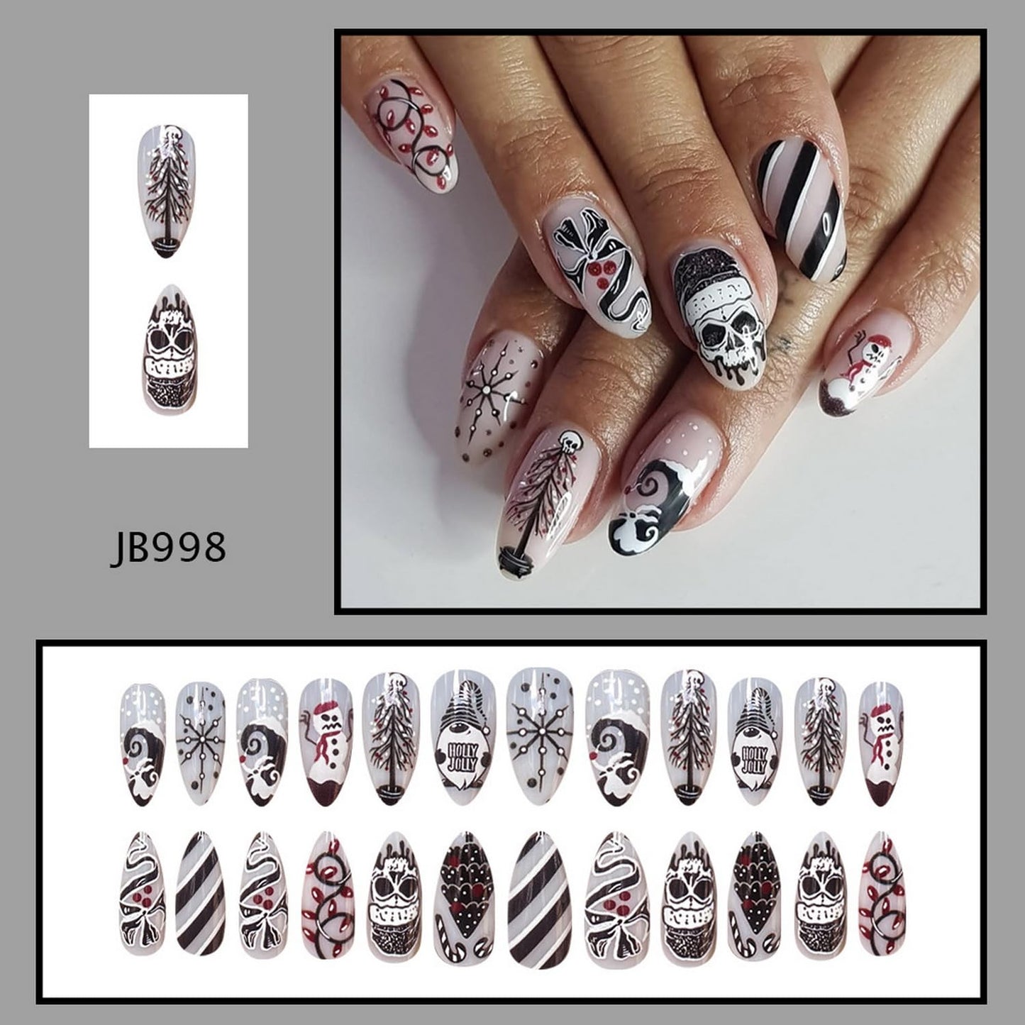24pcs Christmas Press on Nail Almond Shape Fake Nails Full Cover Black White Press ones with Skull Christmas Tree Striped Snowflakes designs Winter Holiday False Nails Glossy Glue on Nails for Women