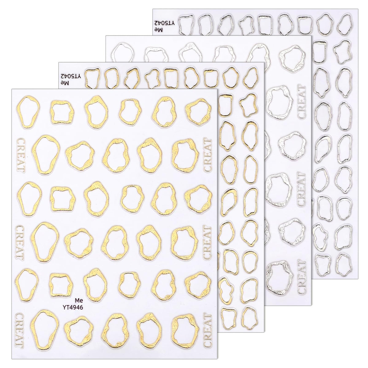 4 Sheets 5D Embossed Nail Stickers for Nail Art - Irregular Geometric Lines Frames Nail Art Design Self Adhesive Chrome Decals for Gel Nails Manicure Accessories-Gold Silver