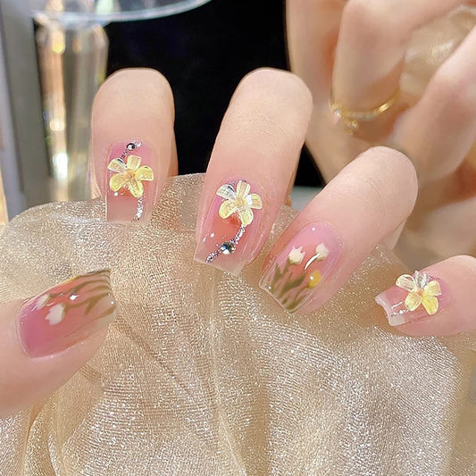 24 Full Cover Reusable False Nails Kit - Press On Short Square Acrylic Nails, Glue On Coffin Shape with Tulip Design for Women