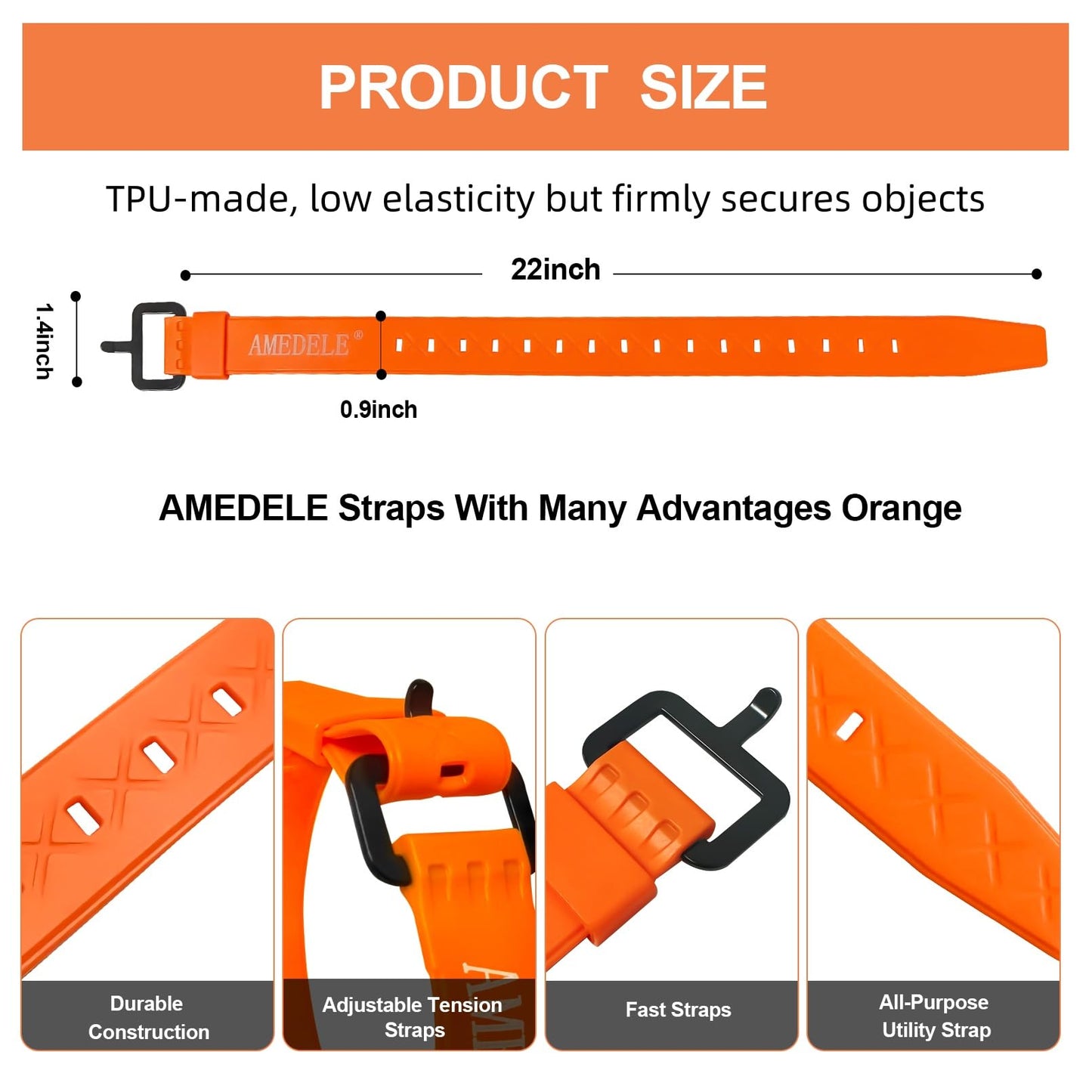 AMEDELE 4 Pack Lashing Straps with Buckles,Adjustable Utility Tension Straps,Simple Tie-Downs Straps for Securing Bike Moto Luggage,Garden Hoses,Skis,Wires and Cables,Orange,22""