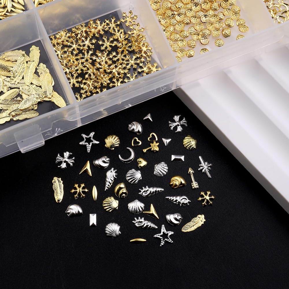 Gold Silver Nail Charms 3D Alloy Flower Nail Gems Metal Moon Star Nail Jewels Multi-Shapes Ocean Beach Starfish Seashell Leaf Nail Art Supplies with Tweezer for Women DIY Acrylic Nail 24 Grids 1 Box