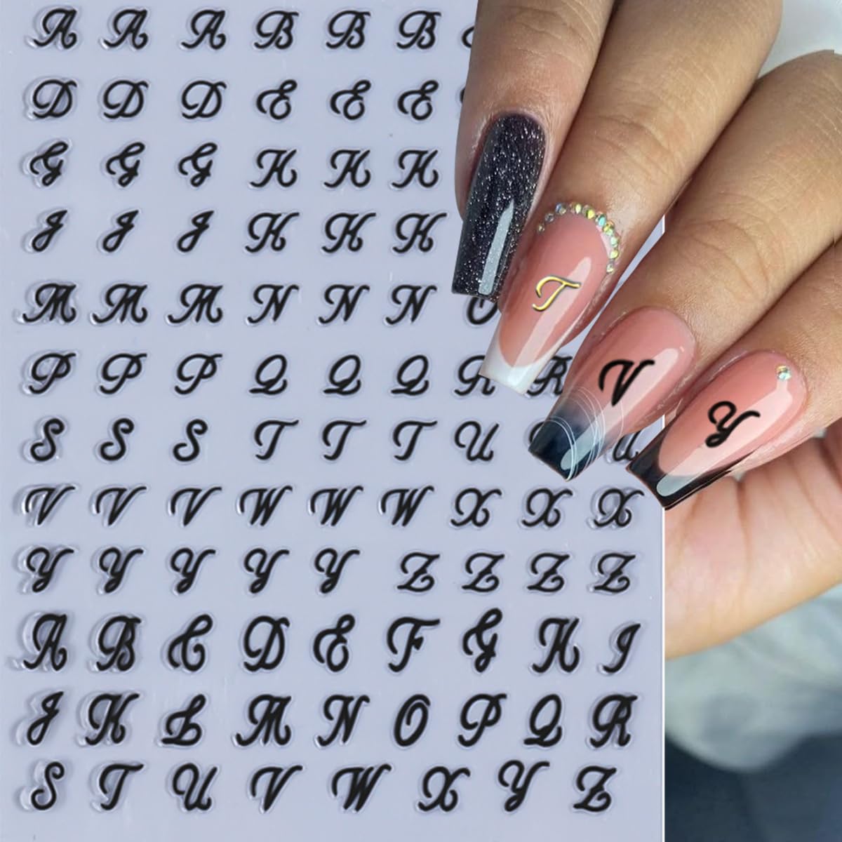 8 Sheets Letter Nail Art Stickers Old English Letter Nail Decals 3D Self-Adhesive Gold Silver Black White Retro Nail Decor Cute Nail Design Stickers Alphabet Cursive Nail Art Supplies for Women DIY