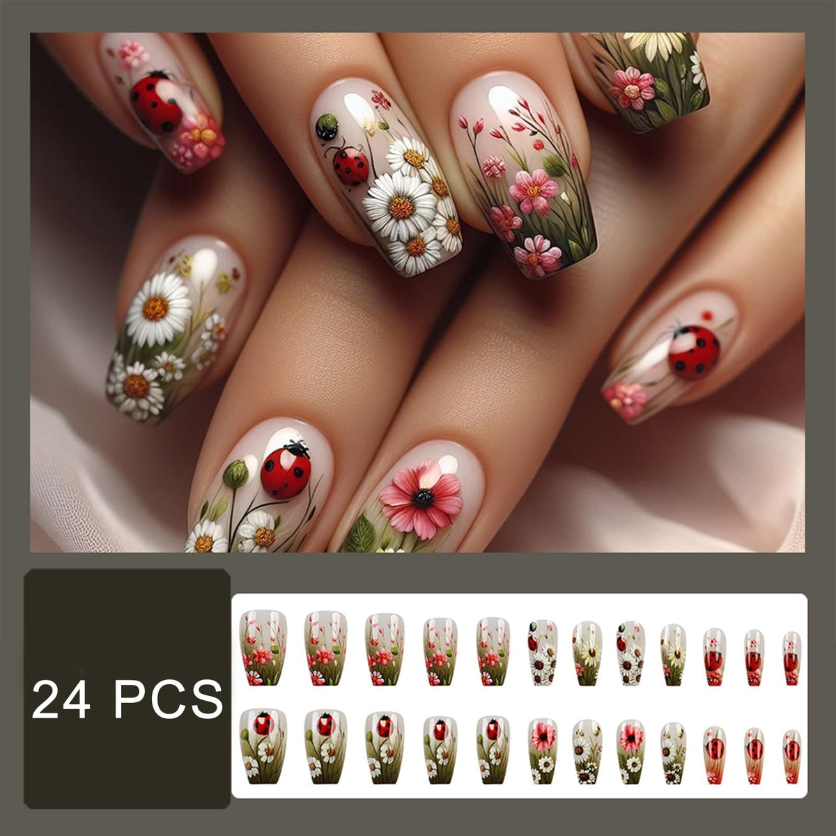 Spring Daisy Oil Painting Press on Nails Medium Ballet Fake Nails Ladybug Flowers False Nails with Nude Daisy Flowers French Design Spring Stick on Nails for Women Girls Manicure Decoration 24 pcs