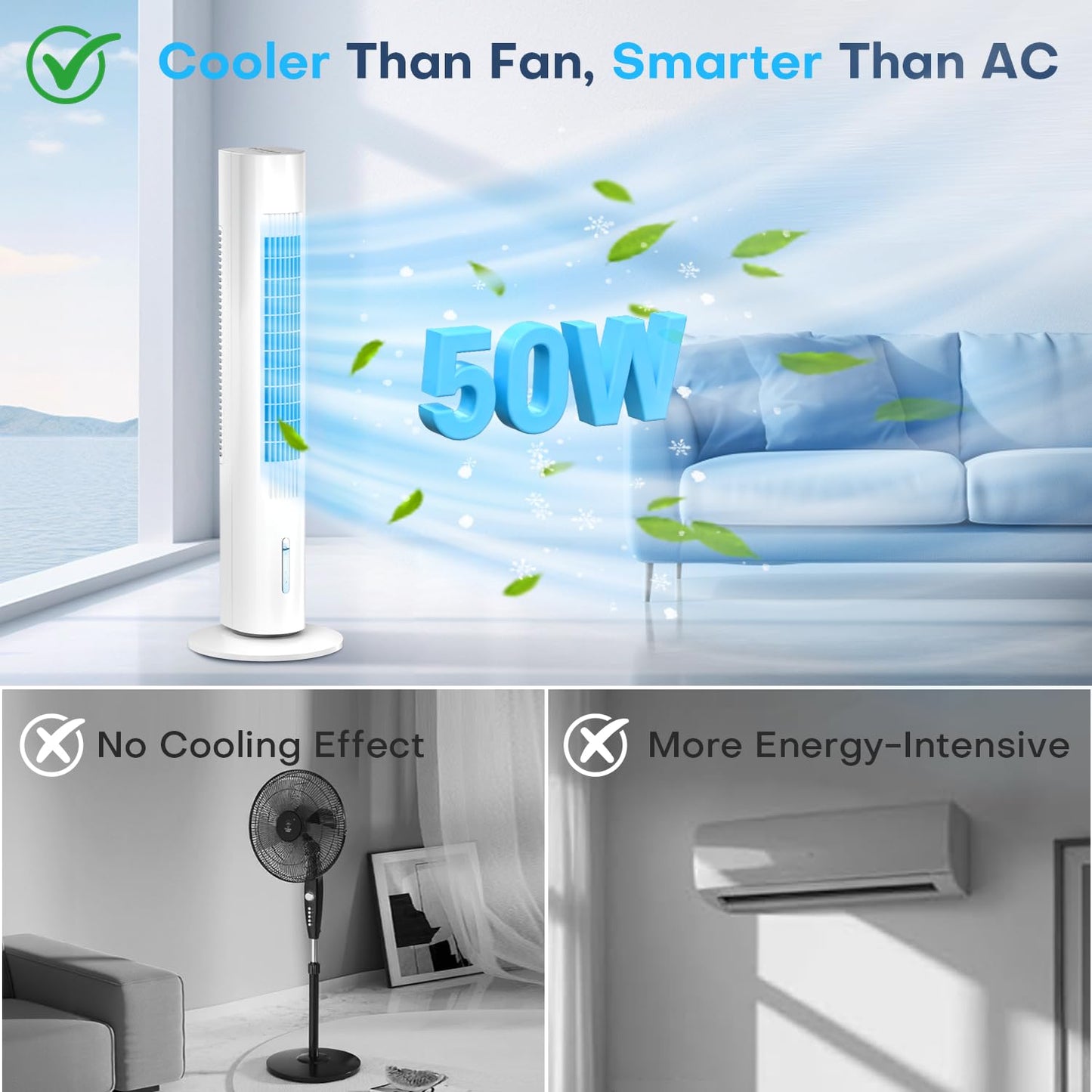 CENSTECH Windowless Portable Air Conditioners, 35" Swamp Cooler w/4 Ice Packs, 3 Speeds, 25ft Remote &7H Timer, 90°Oscillating Evaporative Air Cooler, AC Unit Cooling Fans that Blow Cold Air for Room