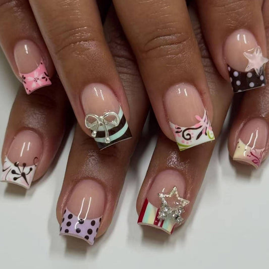 OCTOSWAVE Square Short Press on Nails with 3D Bows, Stars, Stripes & Polka Dots - 24Pcs Acrylic Fake Nails - Trendy Nail Art for Parties, Outdoors & Office