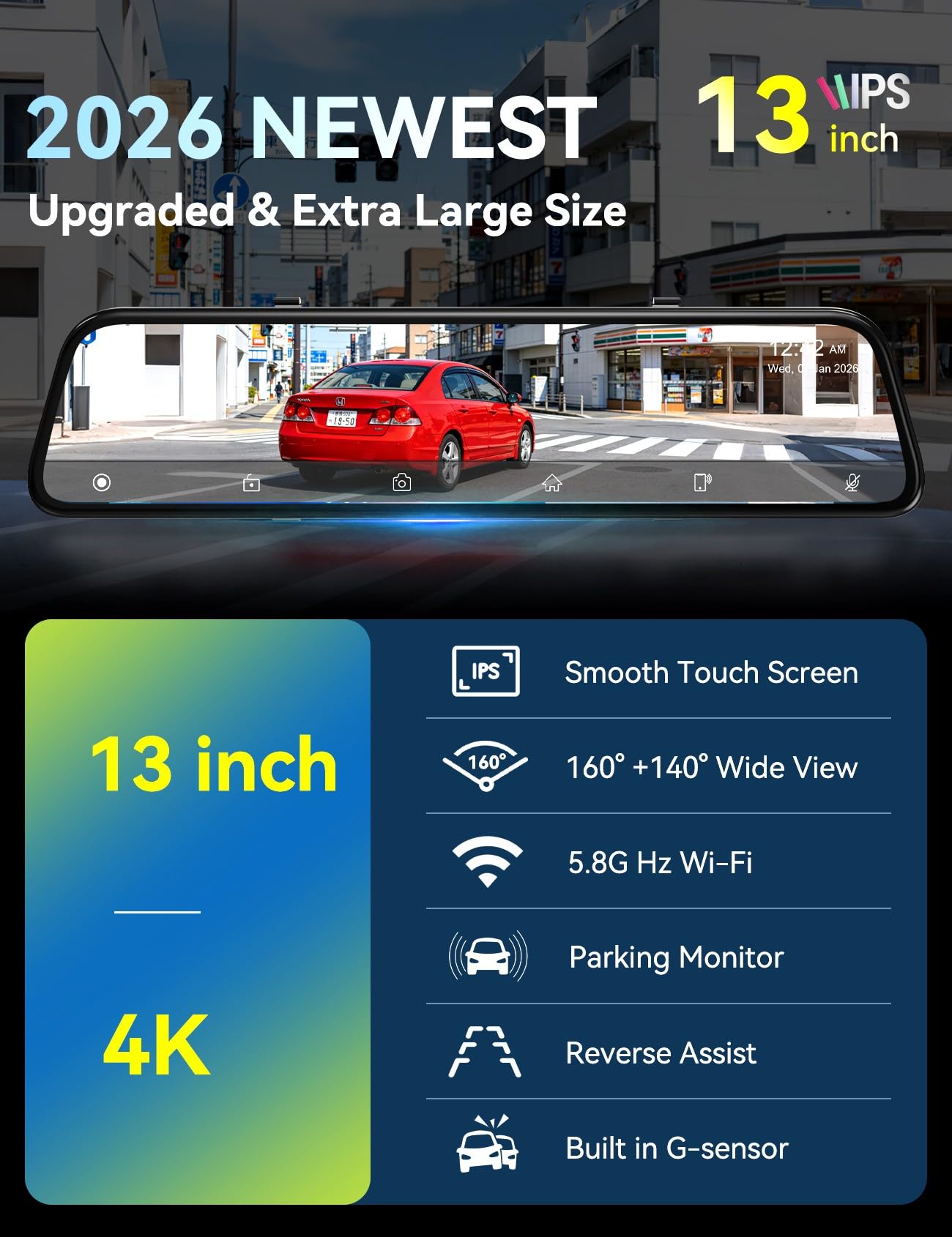 2026 Ultrawide 13’’ 4K Rear View Mirror Camera with Carplay&Android Auto, 5.8GHz WiFi Smart Rearview Mirror with Voice Control/Split Screen, 64GB Card Included,Reverse Assist//Loop Record/G-Sensor