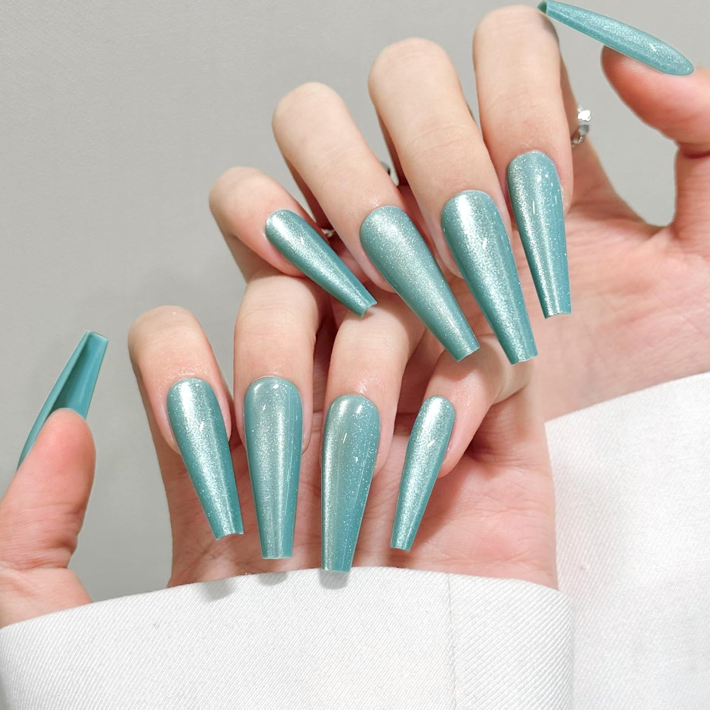 Sky Blue Cat Eyes Press On Nails,12 Sizes - 24 Pcs Soft Gel Blue Long Coffin Fake Nails Kit with Nail Glue, Natural Reusable Stick On False Nails for Women and Girls SK1048