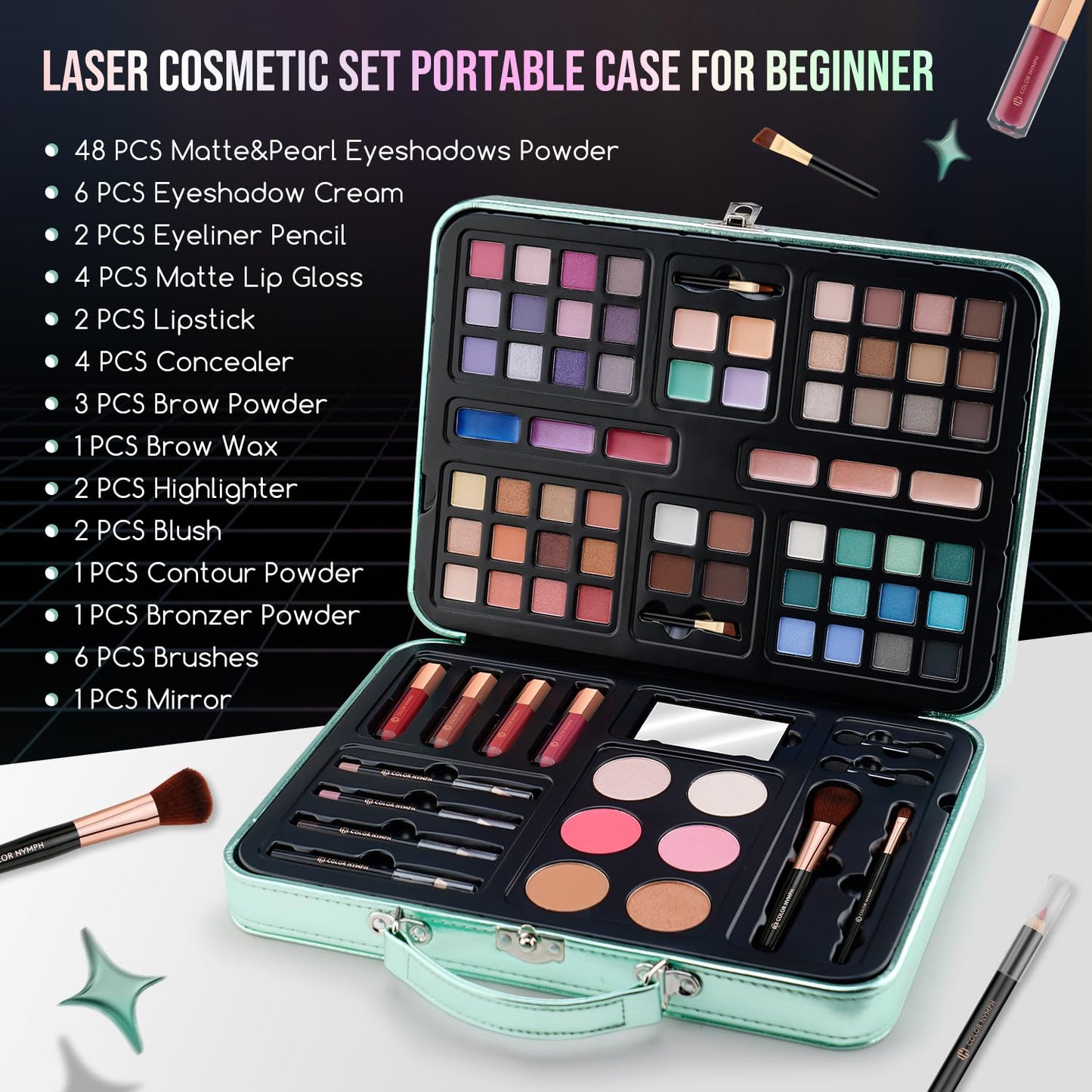 Color Nymph All in One Girls Makeup Sets for Any Ages, Teen Makeup Kits for Beginner with Green Case, Eyeshadow Palettes Blush Lipgloss Eyeliner, Cosmetics Gift Set for Birthday