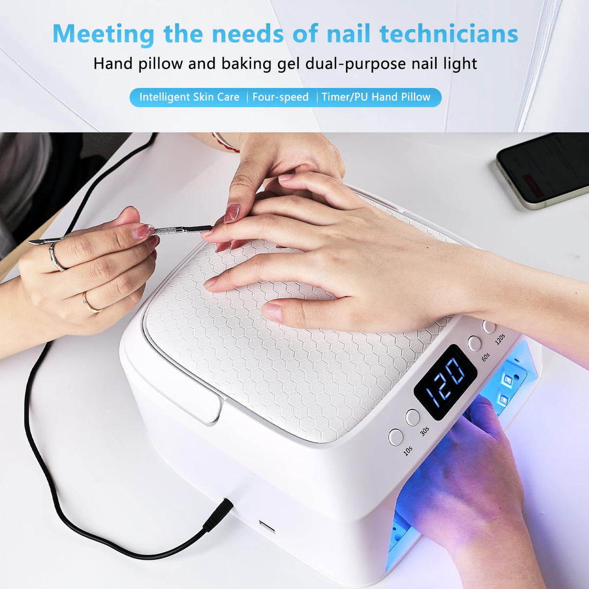 JODSONE U V LED Nail Lamp with Hand Pillow Large Space for Salon Portable Handle Front and Rear Dual Display Professional Nail Lamp Fast Drying Gel Nail Polish