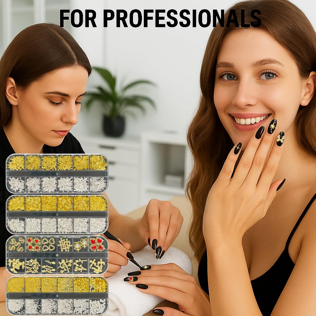 KINGNAME Gold Nail Charms and Gems Set, 4 Boxes Nail Gems Nail Pearls Nail Art Tools, 3D Cross Nail Charms Heart Nail Rhinestones for Nails Supplies, Charms for Nails Design Nail Art Kit