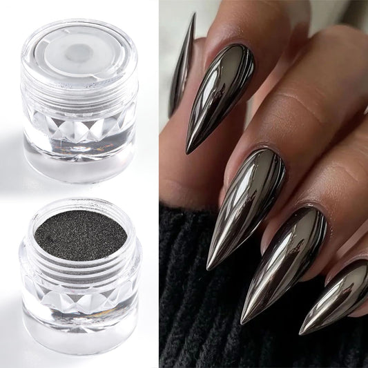 Furtherpretty Black Silver Bronze Chrome Nail Powder Set, Gunmetal Chrome Pigments for Goth Armor Nails, Metallic Mirror Effect Nail Powder for Y2K Punk Nail Art & Manicure Decoration Accessories