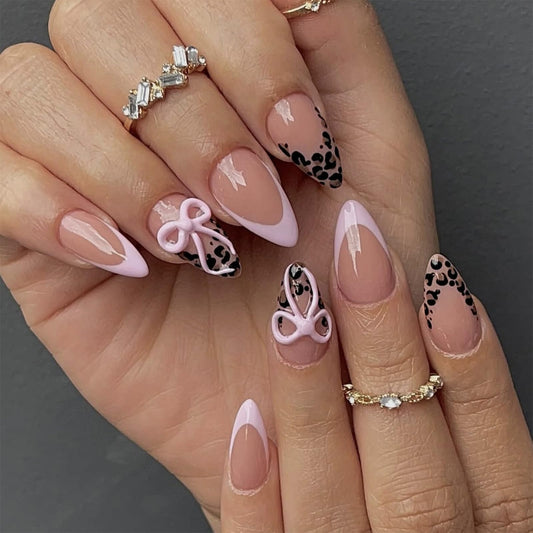 SINHOT Press on Nails - Medium Almond Fake Nails, Glossy Finish, 3D Pink Bowknot & Cheetah Print, DIY Artificial False Nail Art - 24 Pcs Nail Kit with Glue