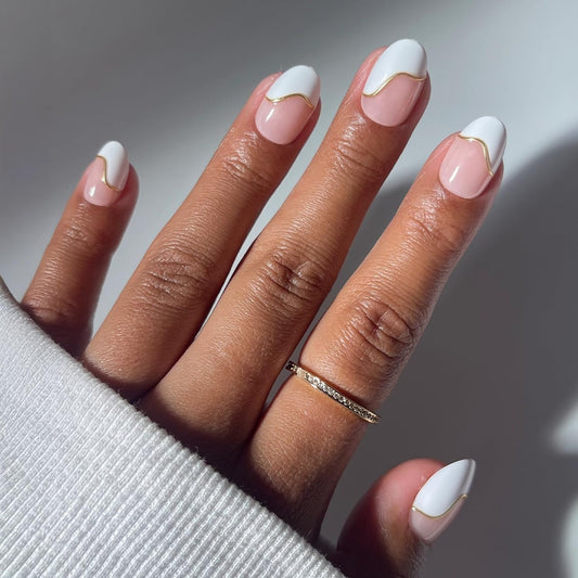 Glamnetic Press On Nails - Short Oval Fake Nails with Abstract White French Tips, Glossy Finish | Salon Quality Vacation Nails | French Muse | 15 Sizes - 30 Nail Kit with Glue