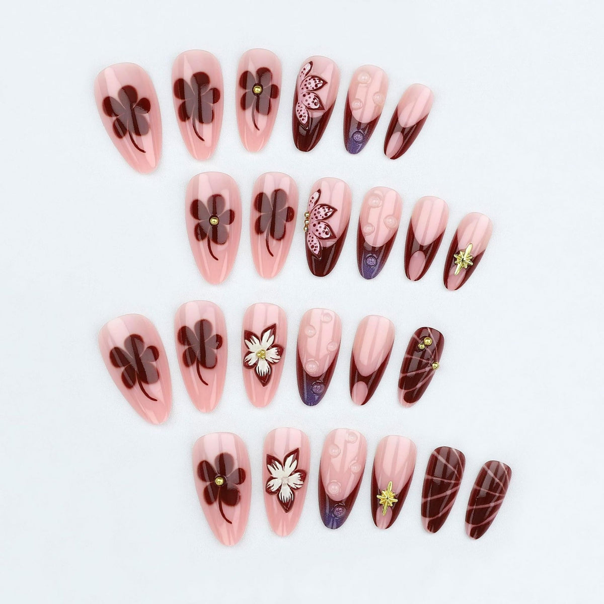 Long Press on Nails Almond Fake Nails Burgundy Artificial Nail Floral French Tips Gold Star Charm Purple Gradient Glossy Romantic Stick on Nail for Women 24pcs