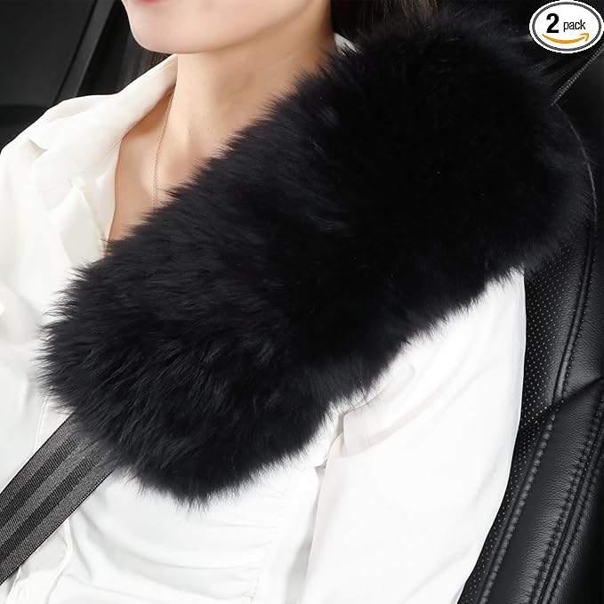 OGLAND Long Wool Fluffy Sheepskin Seat Belt Covers, Fuzzy Seatbelt Pads for Adults Kids Women Universal Car 2 Pack (Black)