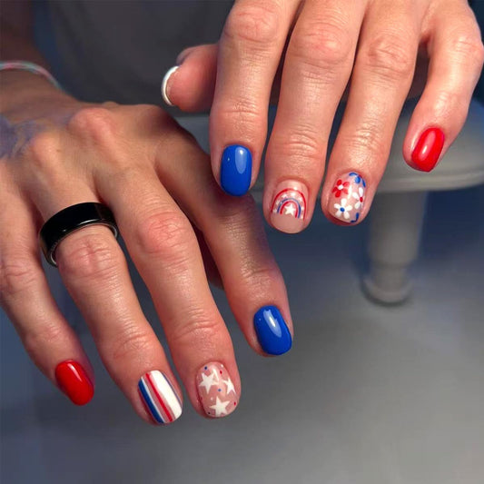 Independence Day Press on Nails Short Square Fake Nails with Star Flower Rainbow Design Red Blue White Glossy Patriotic False Nails Full Cover Stick on Nail for Women Manicure 24Pcs