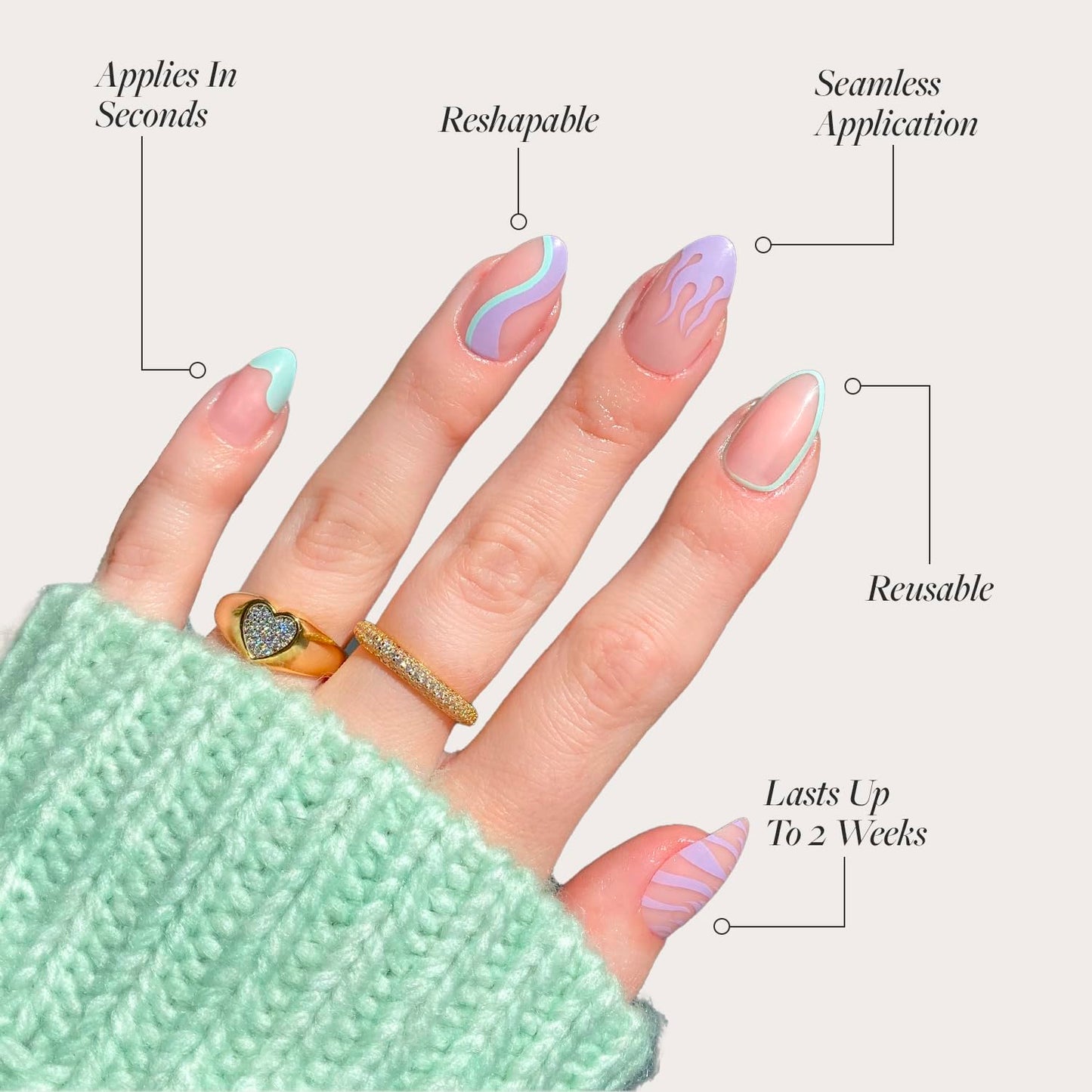 Glamnetic Press-On Nails Bundle - Sprinkles, Wild Card & Caviar | Glossy Rainbow French Tip Fake Nails | Semi-Transparent Trendy Pastel Nails | Short Almond Black French Tips