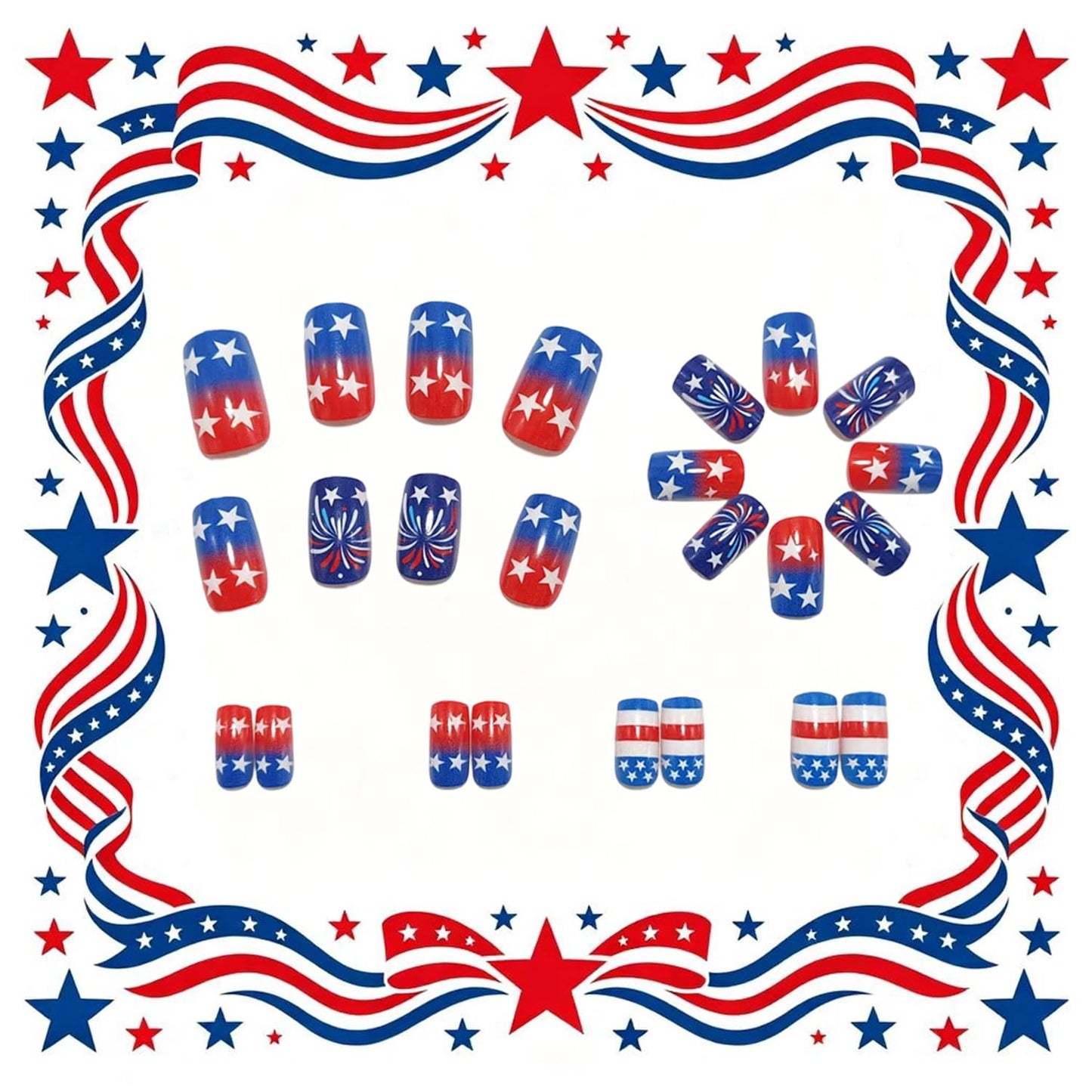 Independence Day Press on Nails Medium Square French Fake Nails Gradient Red White Lines with Stars Fireworks Glossy Acrylic Nail 4th of July Glue on Artificial Fingernails for Women Festival Manicure
