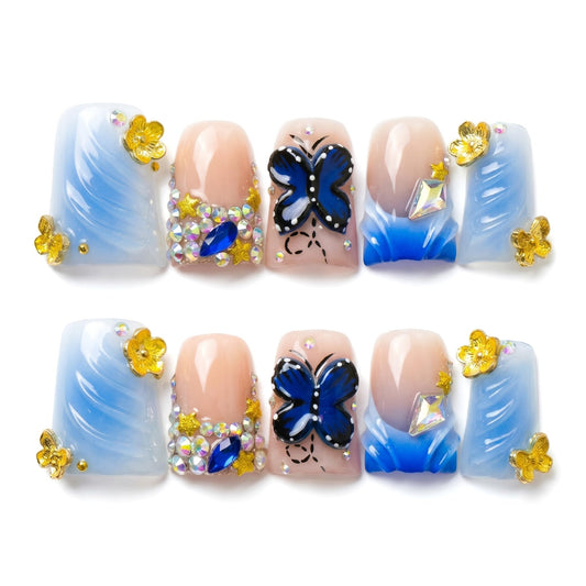 Luxury Handmade Press on Nails Medium Duck Bill Fake Nails Summer with Rhinestones Flowers Design False Nails Press Ons Reusable Full Cover Stick on Nail for Women Manicure 10Pcs (Size M)
