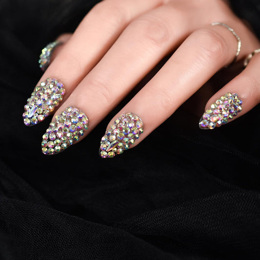 Coolnail Shiny 3D Crystal Rhinestones Press on Nails, Medium Stiletto Holo Diamonds Handmade Tips Kit, Jewelry Gems Full Cover Fake Glue Stick on, Luxe for Party Women & Girl