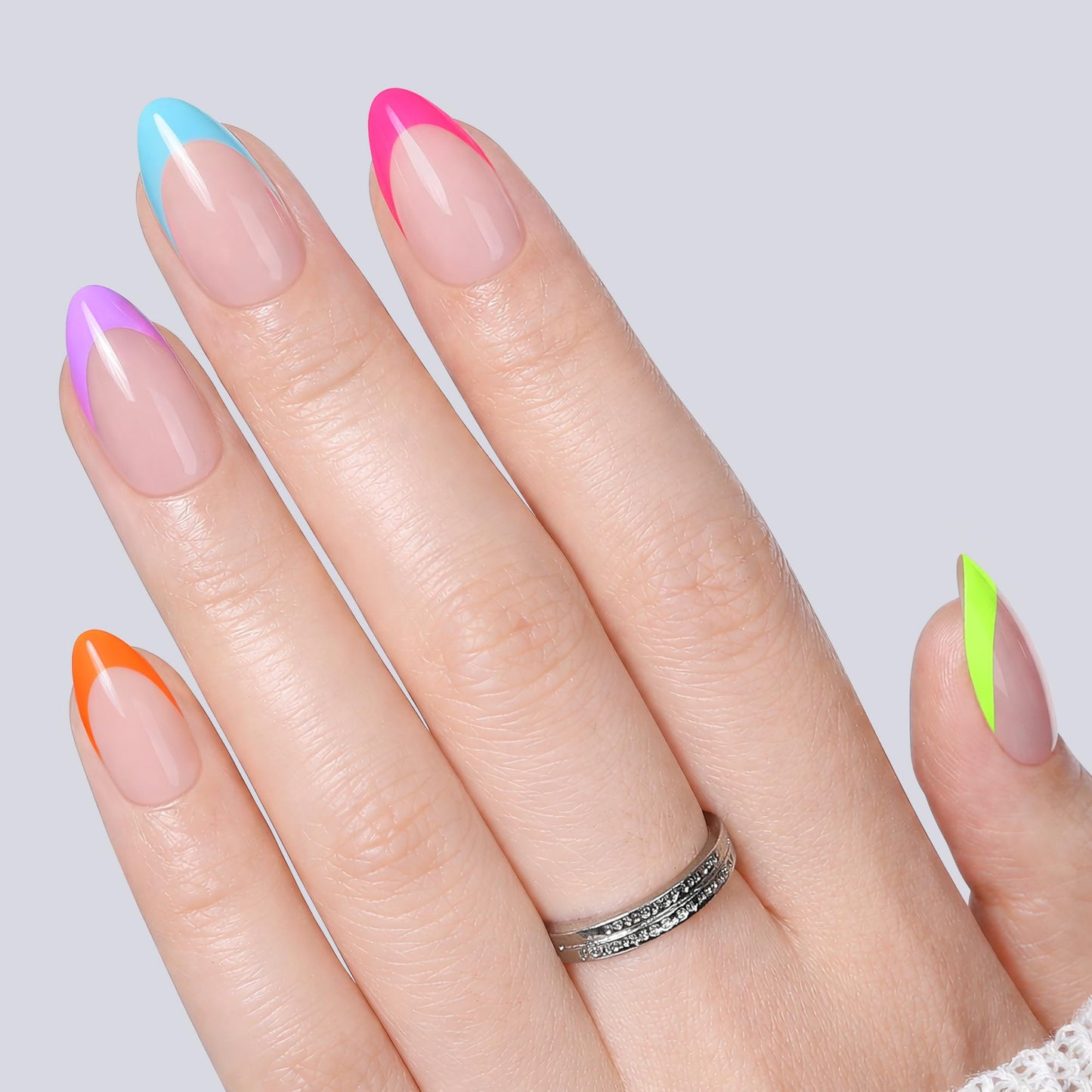 UNA GELLA 32Pcs Soft Gel Press on Nails - 16 Sizes Spring Summer French Tip Almond Glue on Nails, Reusable Neon Pastel Rainbow False Nails, Full Cover Acrylic Nail Kit for Women DIY Home Manicure