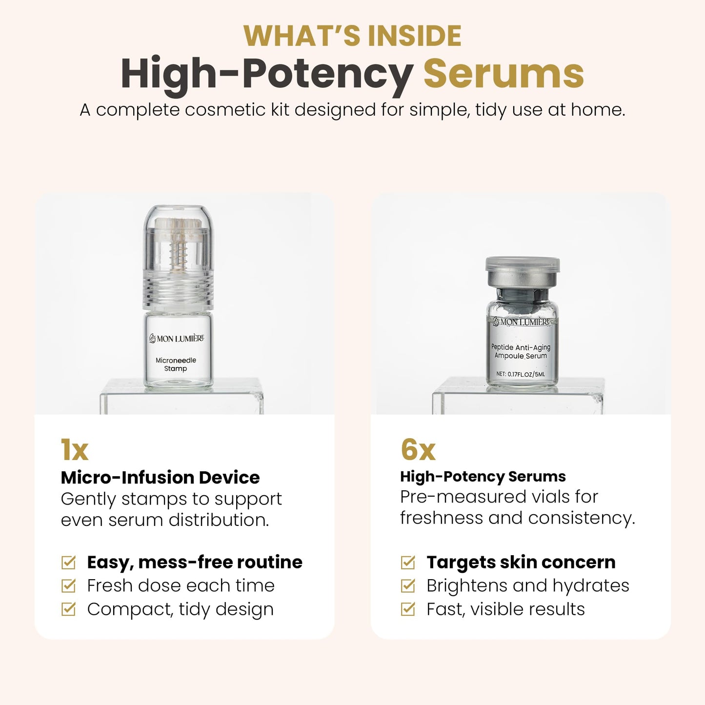 Mon Lumiere Micro Infusion System for Face – Gold Spring-Loaded Facial Stamp with PDRN & Peptides – At-Home Skincare Kit for Glow, Smoother-Looking Skin & Visible Radiance – 12 Single-Dose Serums