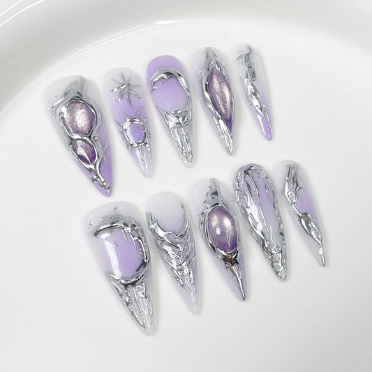 Purple Gradient Press on Nails Long - Handmade Press On Nails Almond Fake Nails with 3D Cat's Eye Designs False Nails Luxury Full Cover French Acrylic Stick on Nail for Women 10Pcs (Size M)