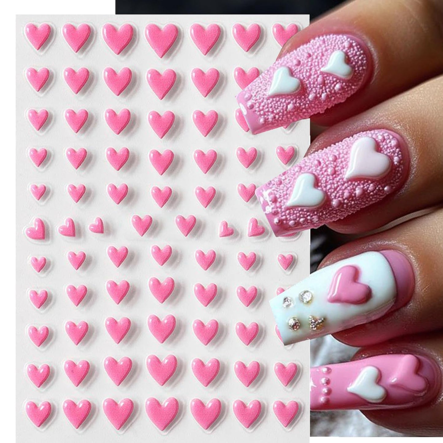 4Pcs Valentine's Nail Art Stickers Decal - 5D Embossed Pink Heart-Shaped Nail Stickers with Adhesive for Valentines Romantic Love Red Hearts Nail Transfer Slider Sticker for Women Manicure Decor