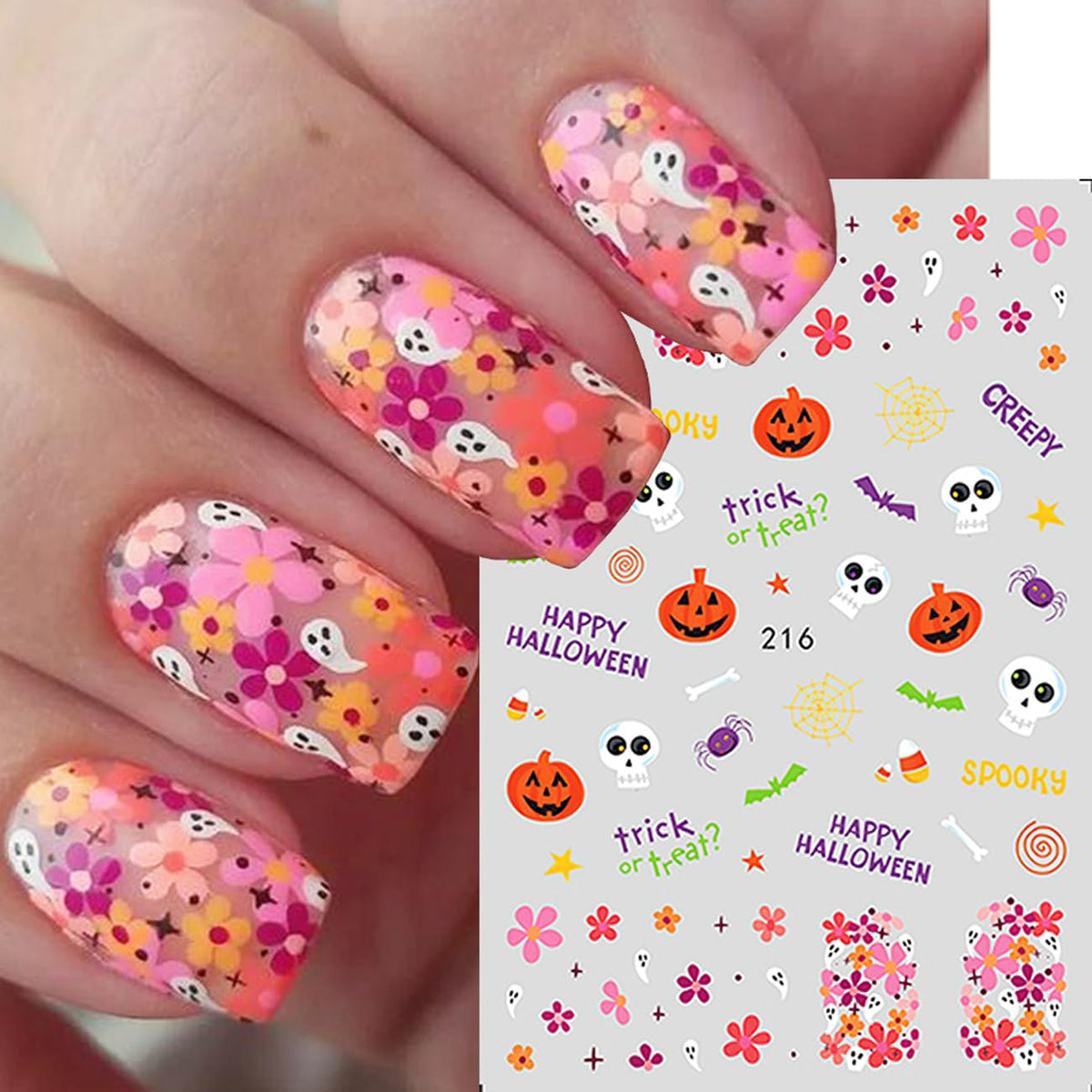 Halloween Nail Art Stickers 8 Sheets Cute Halloween Cartoon Nail Stickers Cute Ghost Pumpkin Stickers Blood Bats Cat Spider Web Skull Nail Art Design Nail Decals for Women DIY Halloween Charms
