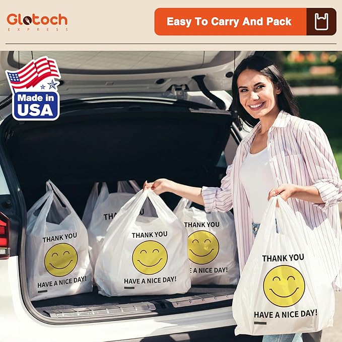 Glotoch 84000 (84K) Ct Plastic Thank You T-shirt Bags Smile Face, 11.5 x 6.5x 21" Have Nice Day Grocery Shopping Gift Bag with Handles for Restaurant, Retail, To go, Convenience Store, in Bulk Business