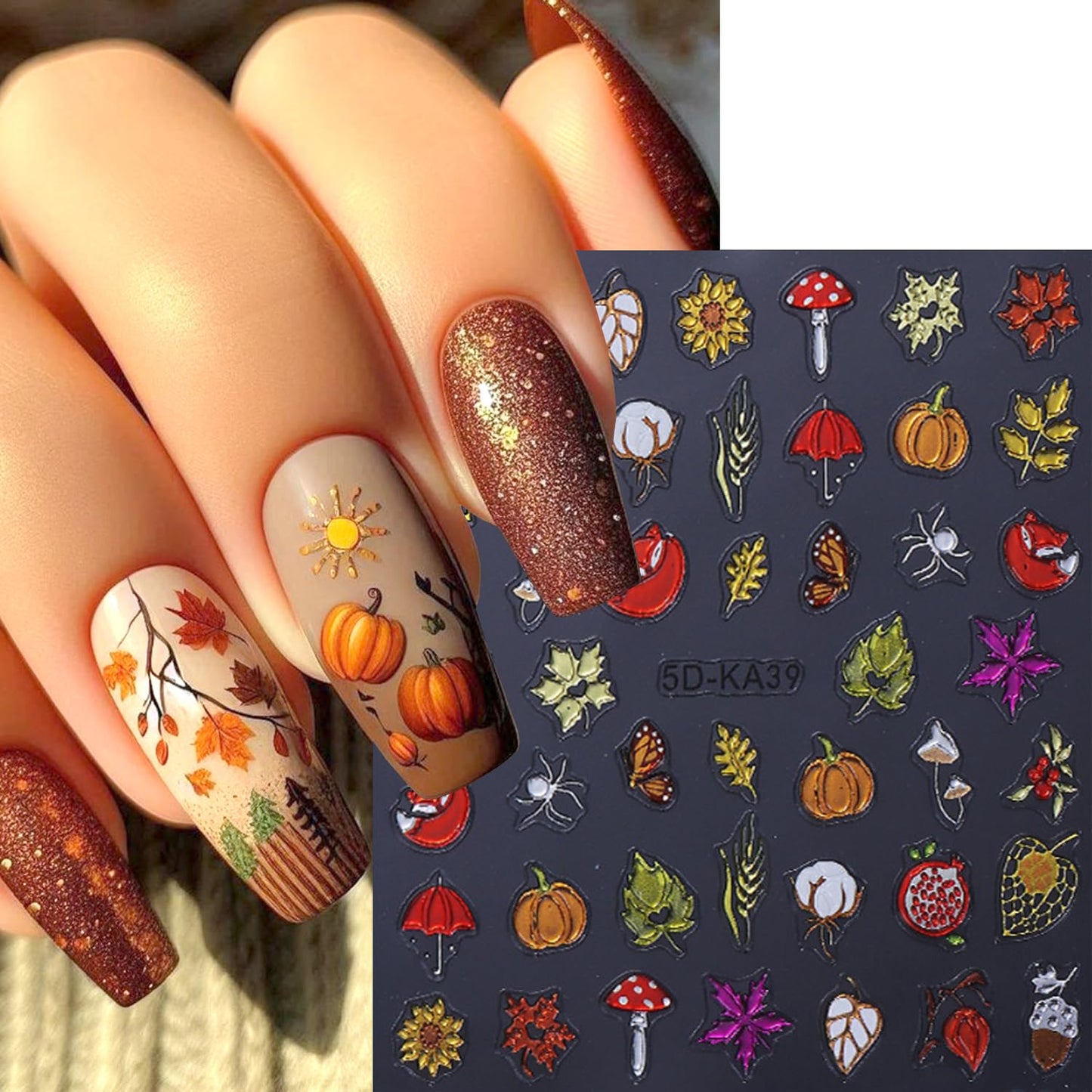 2Sheet Thanksgiving Nail Art Stickers 5D Embossed Autumn Maple Leaves Pumpkin Designs Nail Decals Self-Adhesive Fall Fruit Fox Nail Sticker Butterfly Mushroom Nail Decal for Women Nails Decor Supplies