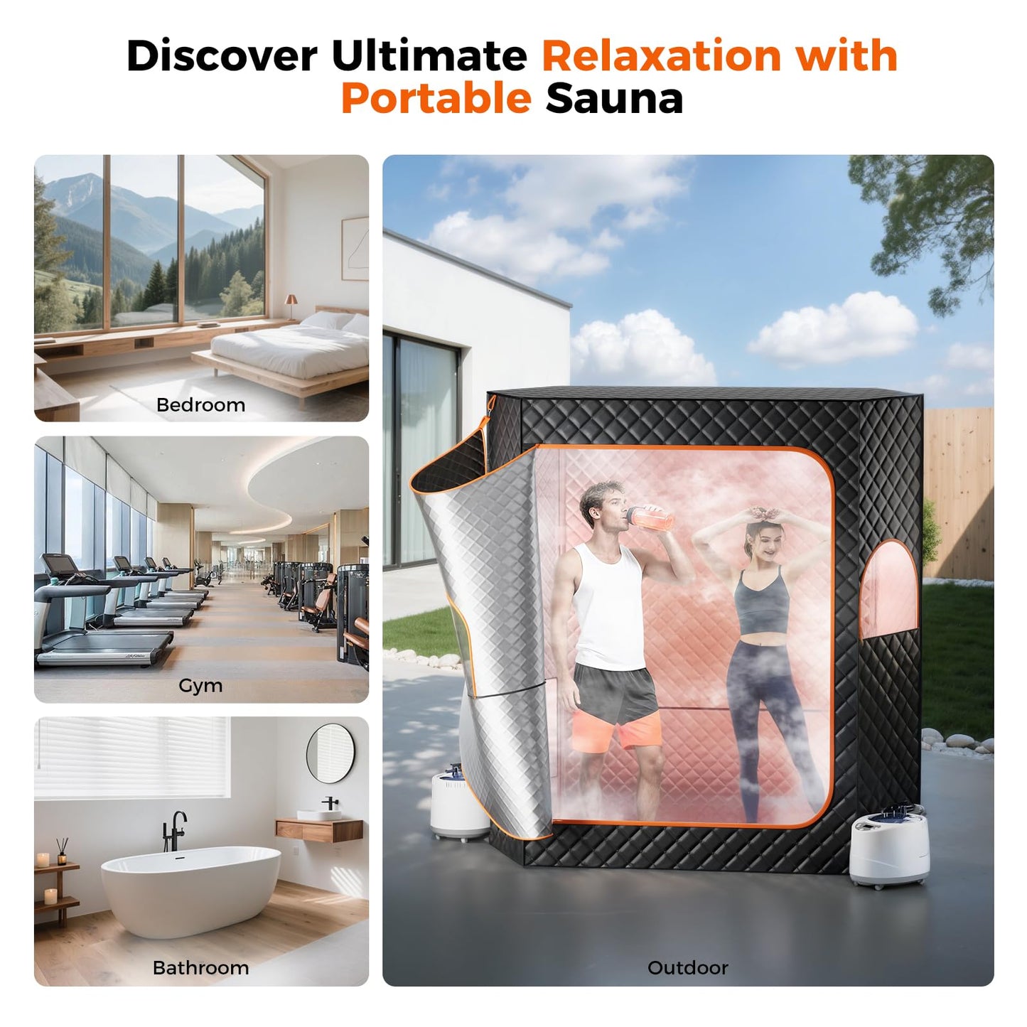 Binecer Portable Sauna Box, 2 Person Portable Steam Sauna for Home, Large Sauna Tent with 2 Steamer, Folding Chair for Relaxation-Black