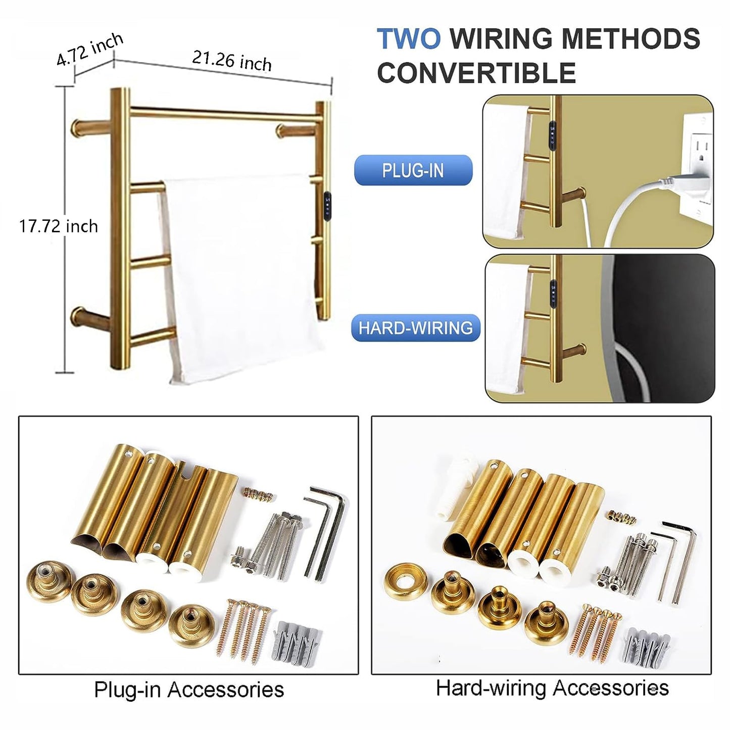Towel Warmers for Bathroom, Wall Mounted Hot Towel Racks, Heated Towel Drying Rack with Timer & Temperature Multi-Level Adjustable (4 Bars Brushed Gold, Hardwired)